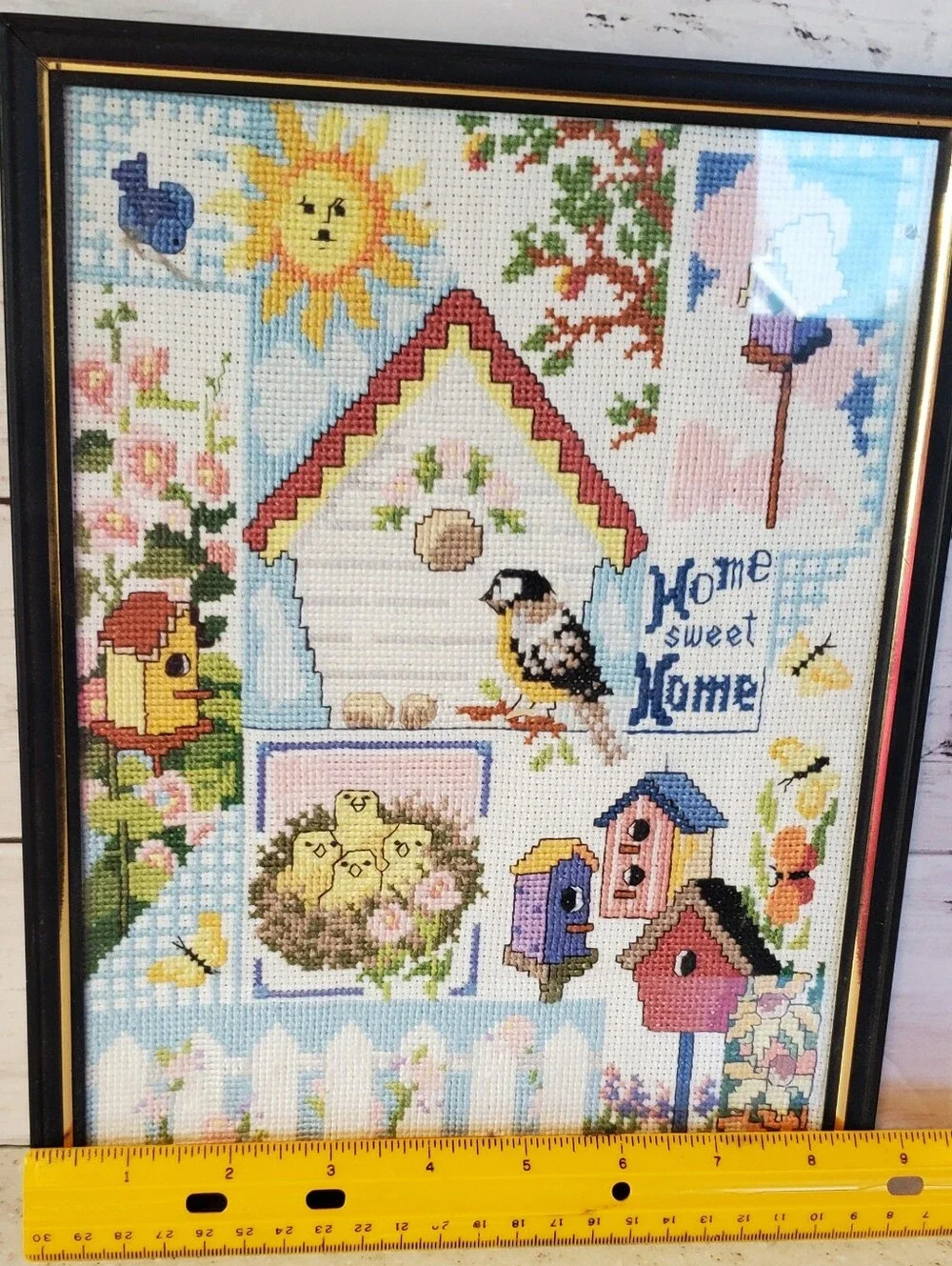 Finished Cross Stitch Birdhouse Home Sweet Home Framed Needlepoint Cottagecore G